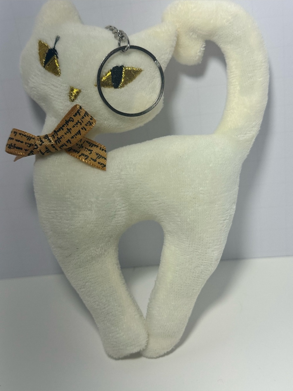 Plush White Cat Keychain with Gold Eye Detail